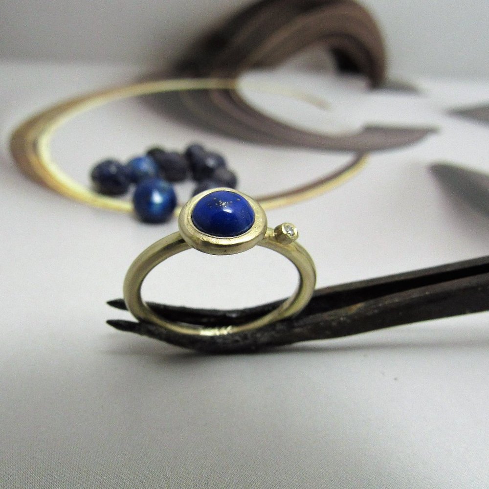 Gold Lapis Ring with Diamond Accent, Handmade Gemstone Ring